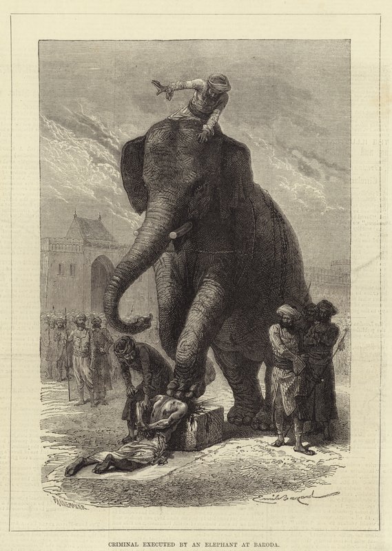 Forbryter henrettet av en elefant ved Baroda av Emile Antoine Bayard