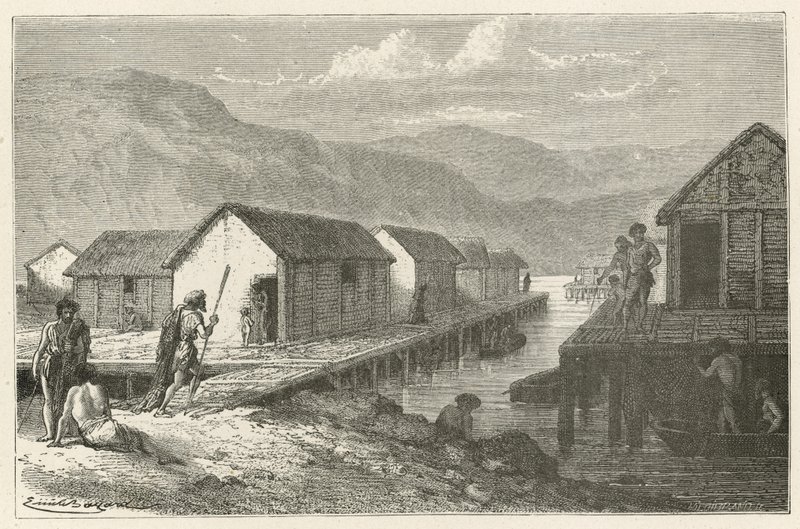 En landsby ved innsjøen i Sveits under bronsealderen av Emile Antoine Bayard