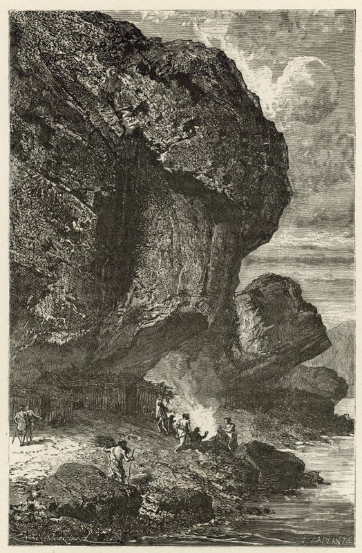 Utsikt over fjellskjulet til Bruniquel, menneskets hjem i reinsdyrtiden av Emile Antoine Bayard