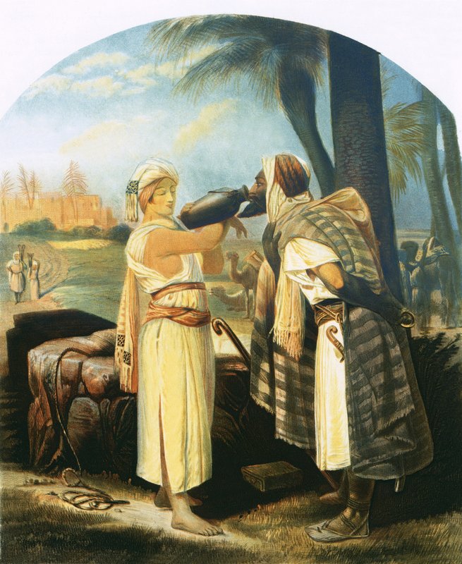 Rebekka gir tjeneren en drink av Emile Jean Horace Vernet