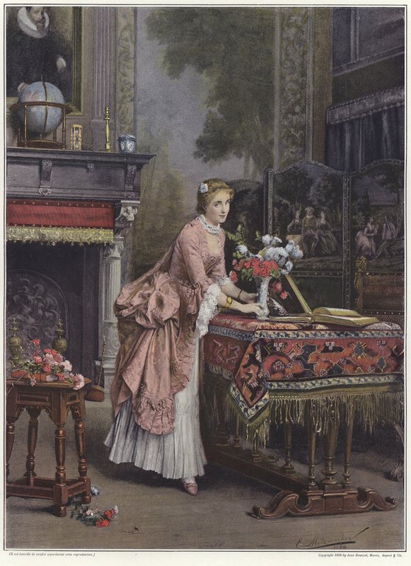 En kvinne plasserer en vase med blomster på et bord av Emile Pierre Metzmacher
