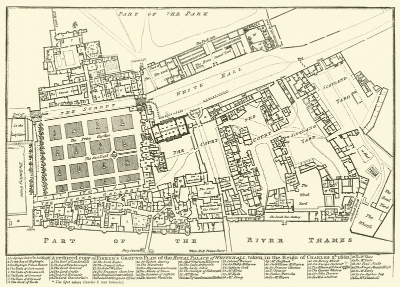 En redusert kopi av Fishers Ground Plan of the Royal Palace of Whitehall, tatt i Reign of Charles 2nd, 1680 av English School