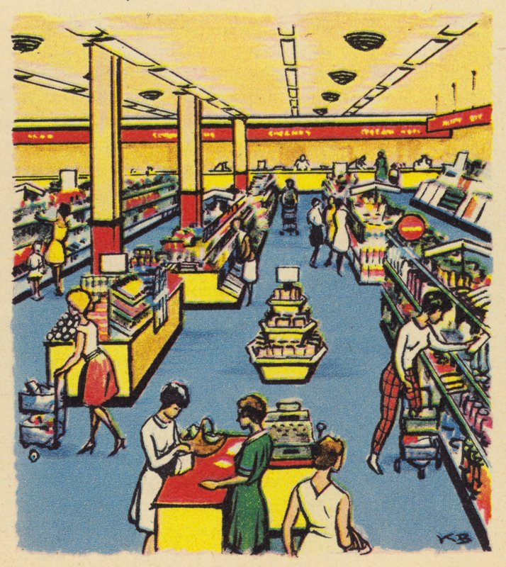 En tidlig selvbetjent butikk eller supermarked i Storbritannia, ca 1950 av English School