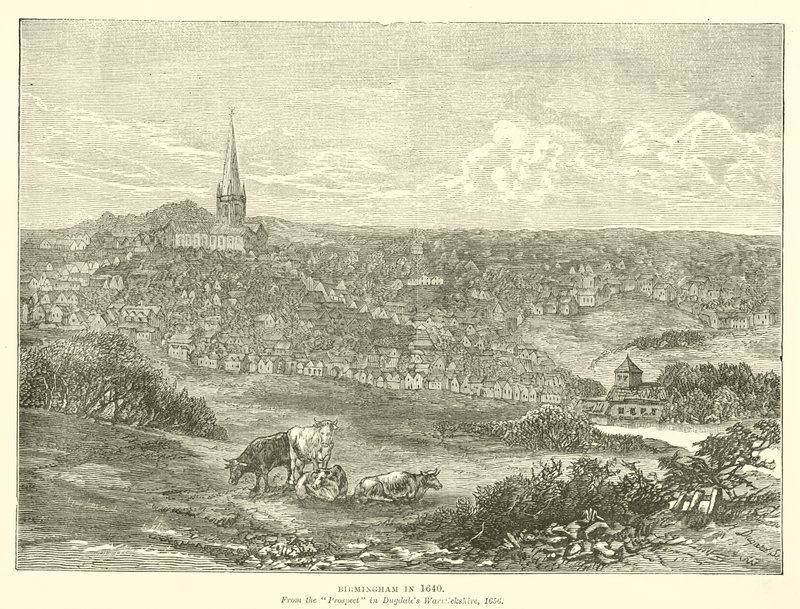 Birmingham i 1640, fra Prospect i Dugdales Warwickshire, 1656 av English School