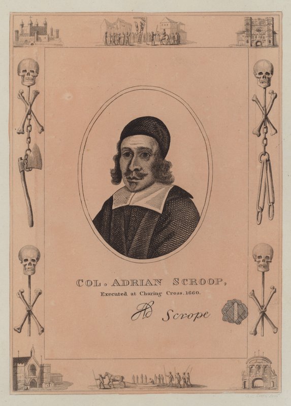 Oberst Adrian Scroop, henrettet ved Charing Cross, 1660 av English School