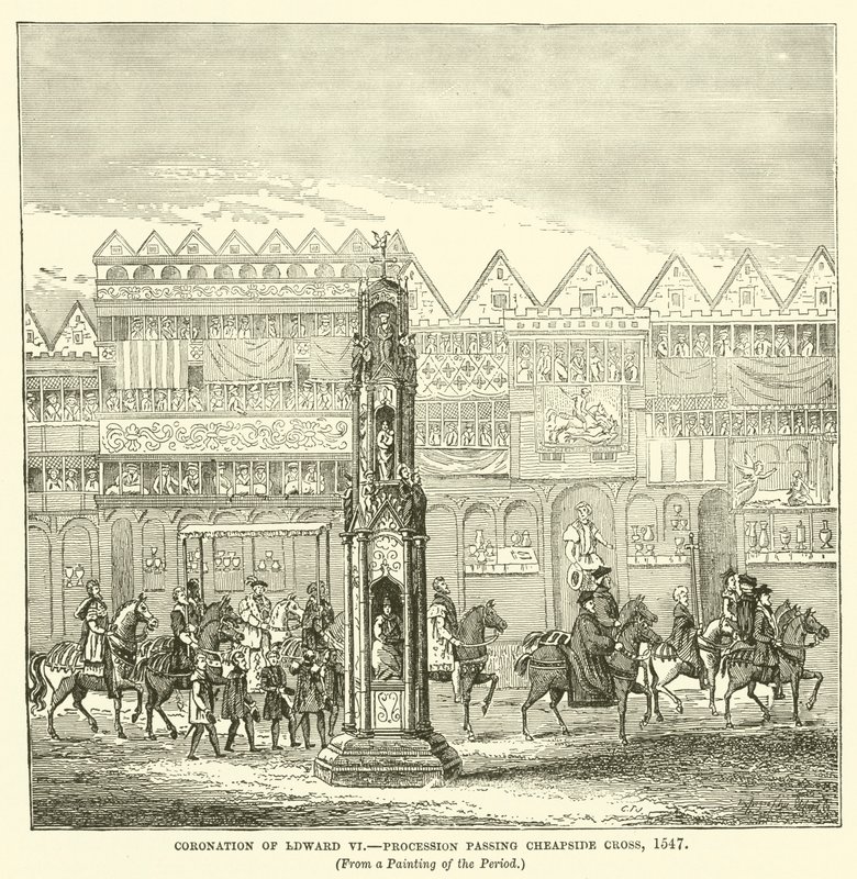 Kroningen av Edward VI, prosesjon passerer Cheapside Cross, 1547 av English School