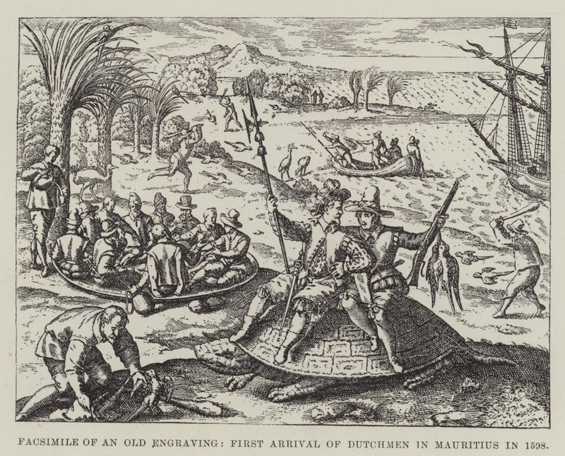 Faksimile av en gammel gravering, første ankomst av nederlendere i Mauritius i 1598 av English School