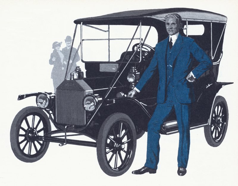 Henry Ford med den berømte Model T som gjorde Fordens navn og formue av English School