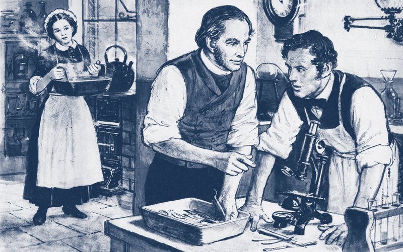 Joseph Lister viser mikrober på uvaskede kirurgiske instrumenter av English School