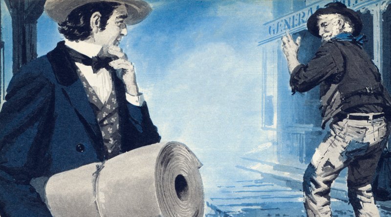 Levi Strauss, bærende på sin lerretsrull, ankommer San Francisco av English School