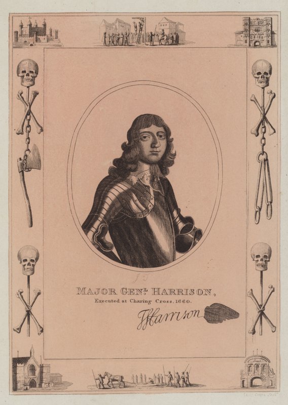 Generalmajor Harrison, henrettet ved Charing Cross, 1660 av English School