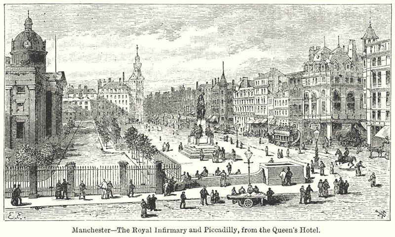 Manchester ? Royal Infirmary og Piccadilly, fra Queens Hotel av English School