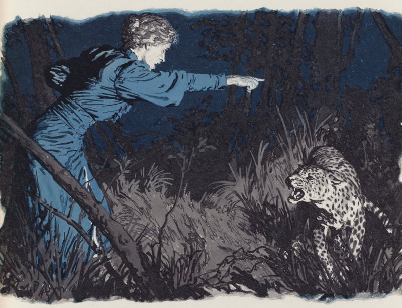 Mary Kingsley trosser en leopard på frifot av English School