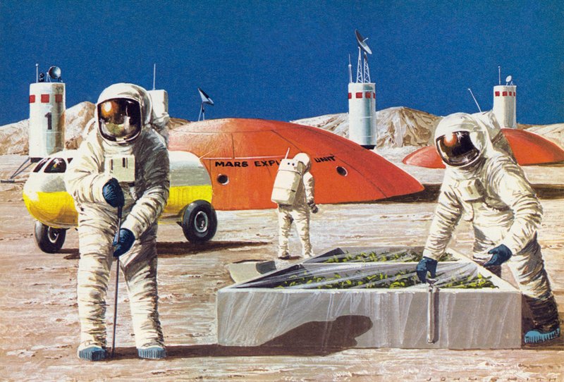 Menn som jobber på planeten Mars, slik de ble forestilt på 1970-tallet av English School