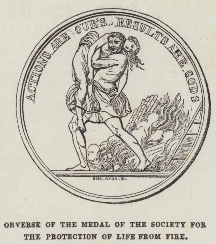 Forsiden av medaljen til Society for the Protection of Life from Fire av English School