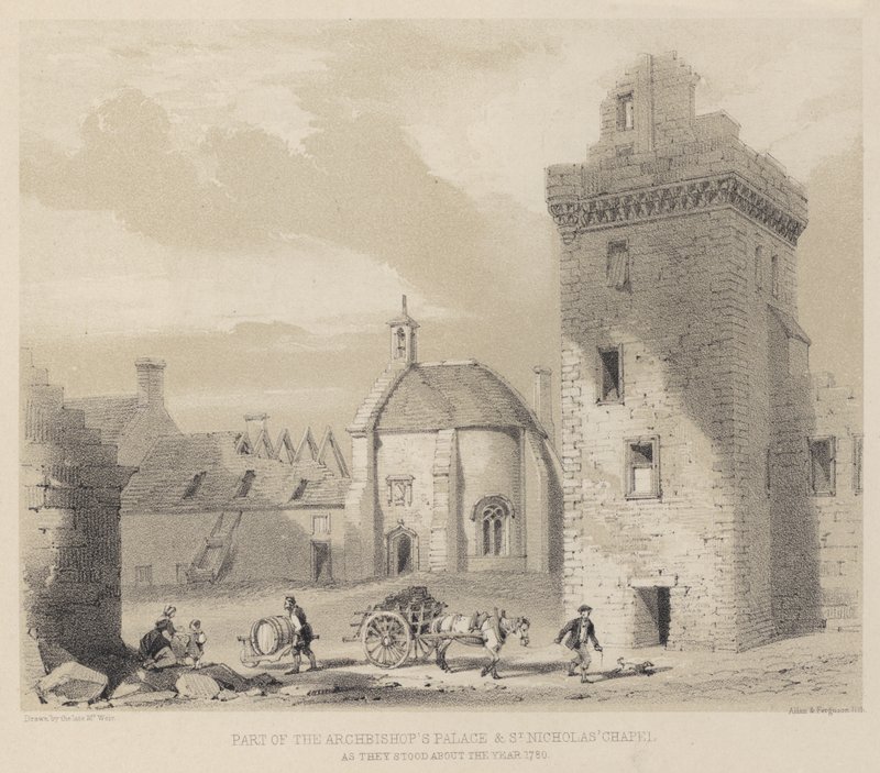 En del av erkebiskopspalasset og St Nicholas-kapellet, slik de sto rundt år 1780 av English School