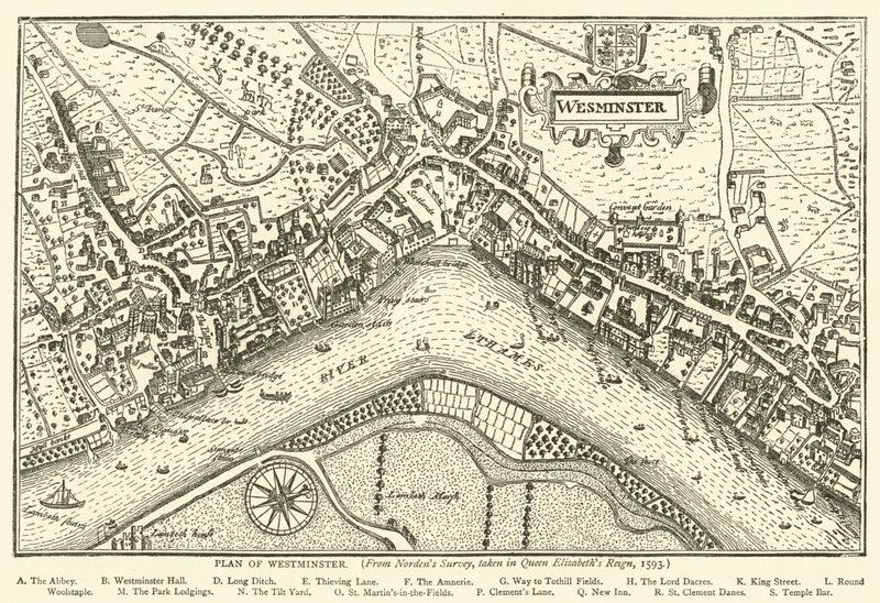 Plan of Westminster, fra Nordens undersøkelse, tatt i Queen Elizabeths Reign, 1593 av English School