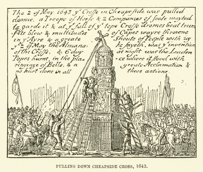 Trekker ned Cheapside Cross, 1643 av English School