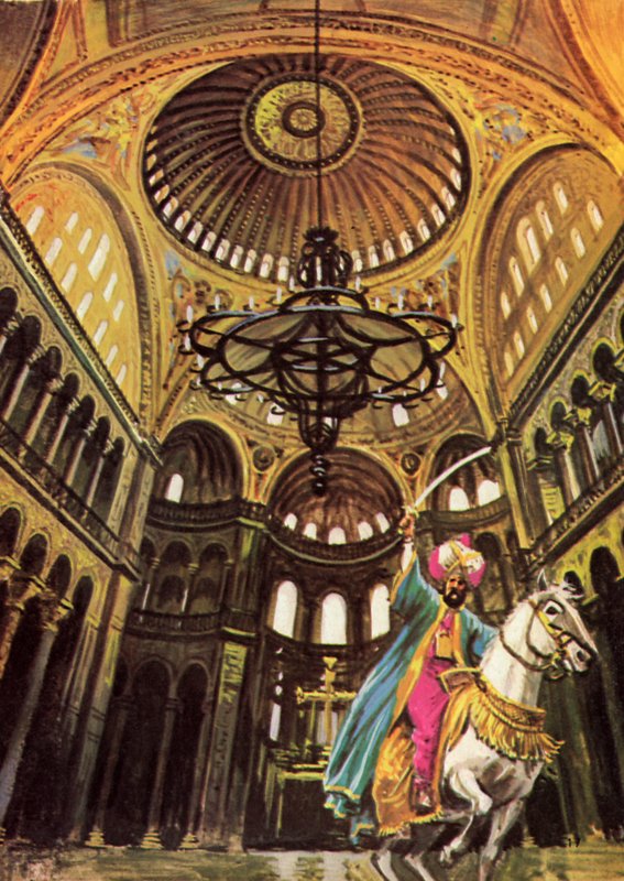 Sultan Mehmed rir på hesten sin inn i den store kirken Hagia Sophia av English School