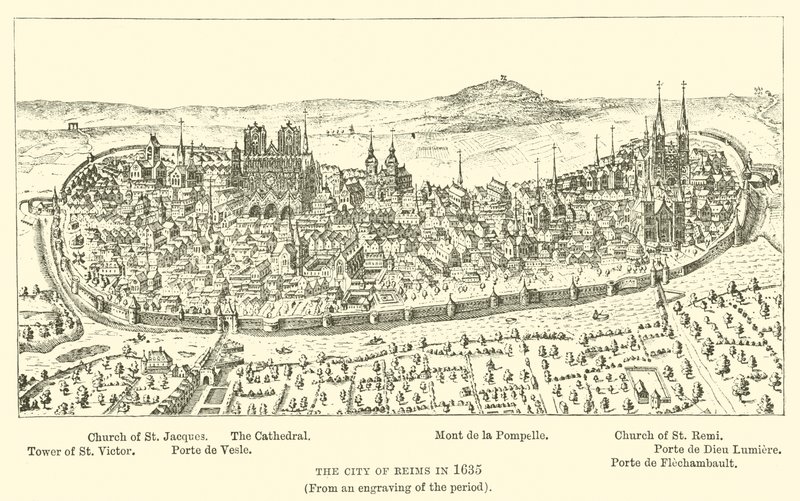 Byen Reims i 1635, (Fra en gravering av perioden) av English School