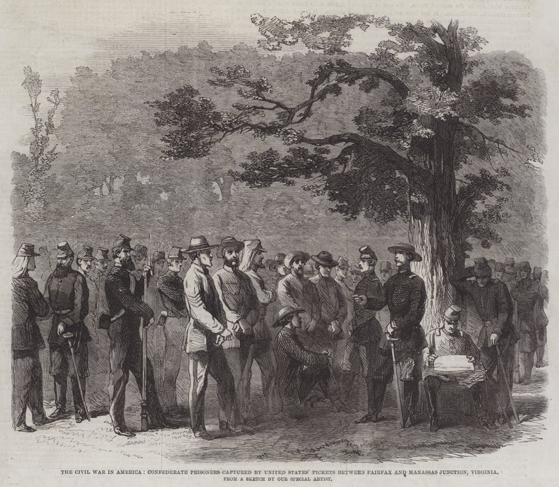 Borgerkrigen i Amerika, konfødererte fanger tatt til fange av USAs pickets mellom Fairfax og Manassas Junction, Virginia av English School