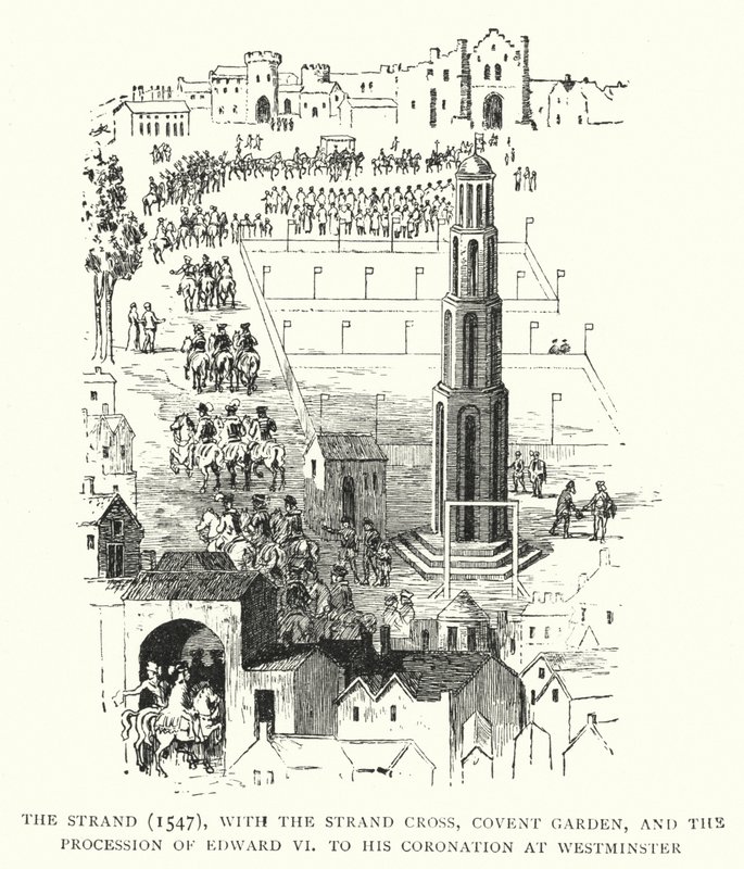 The Strand, 1547, med Strand Cross, Covent Garden og prosesjonen til Edward VI til hans kroning i Westminster av English School