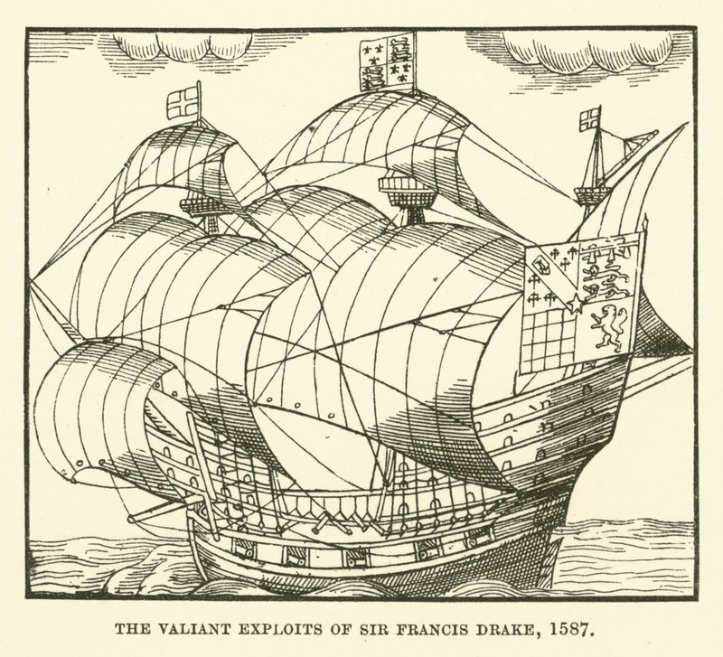 De tapre bedriftene til Sir Francis Drake, 1587 av English School