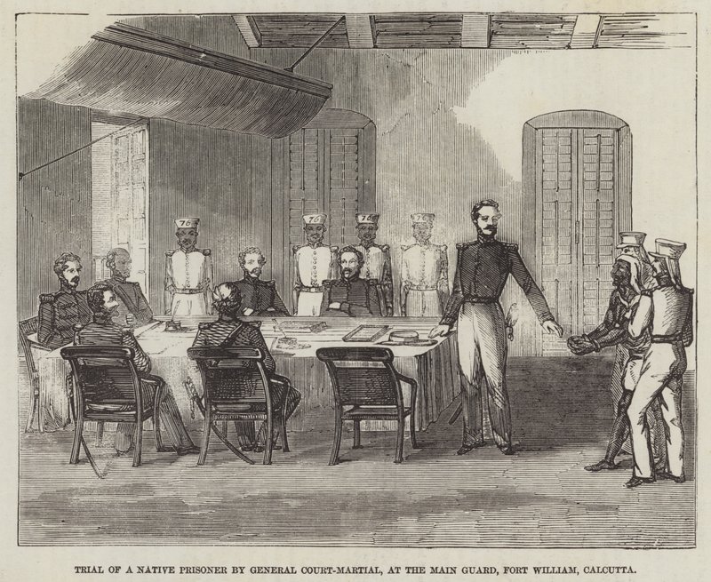 Rettssak mot en innfødt fange ved General Court-Martial, ved hovedvakten, Fort William, Calcutta av English School