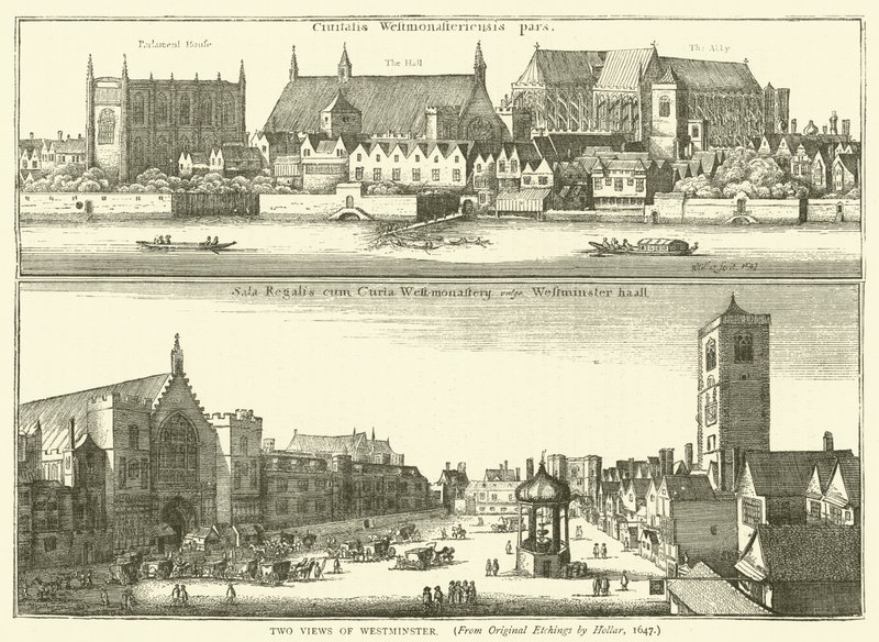 To utsikter over Westminster, fra originale etsninger av Hollar, 1647 av English School