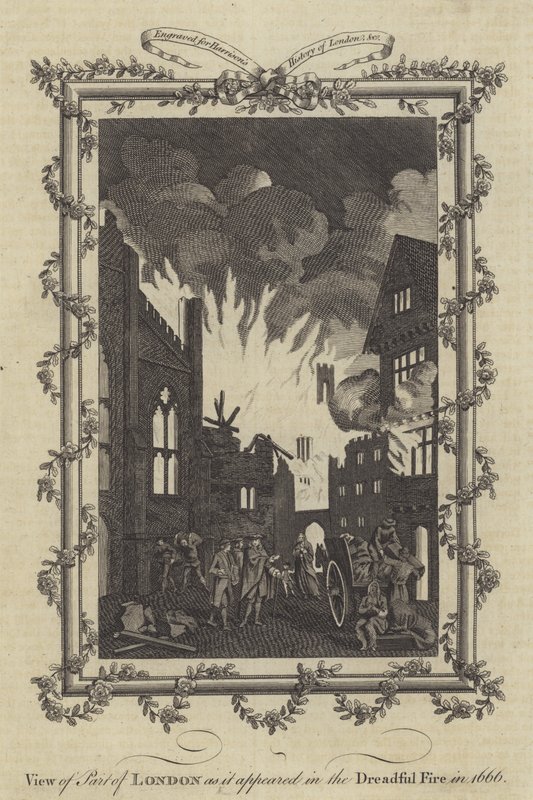 Utsikt over en del av London slik den dukket opp i den fryktelige brannen i 1666 av English School