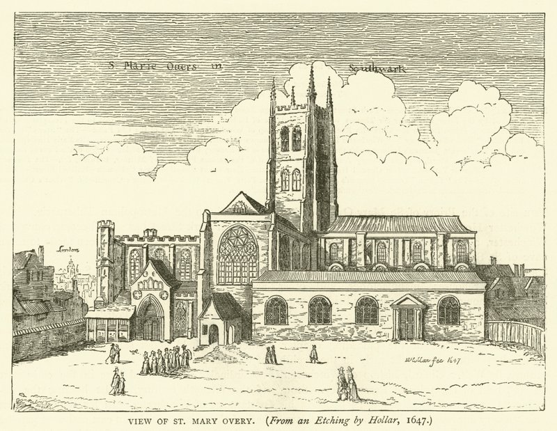 Utsikt over St Mary Overy, fra en etsning av Hollar, 1647 av English School