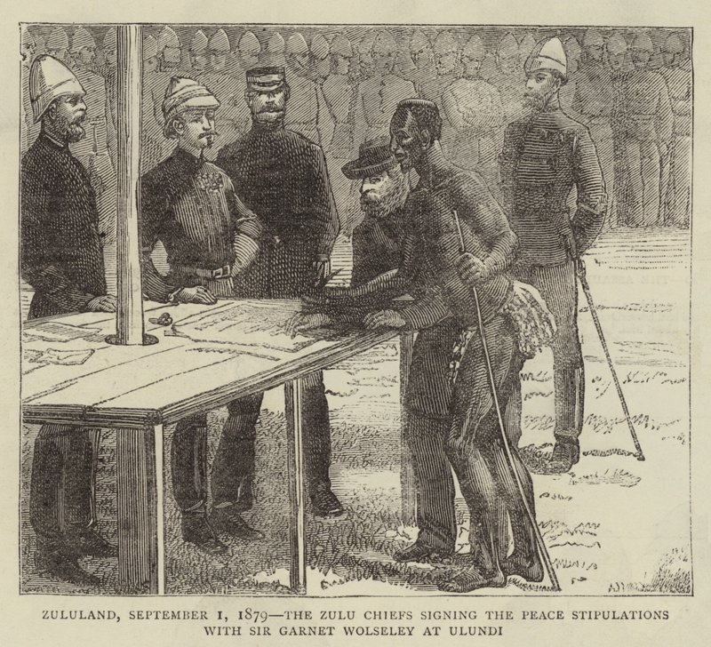 Zululand, 1. september 1879, Zulu-sjefene signerte fredsbestemmelsene med Sir Garnet Wolseley i Ulundi av English School