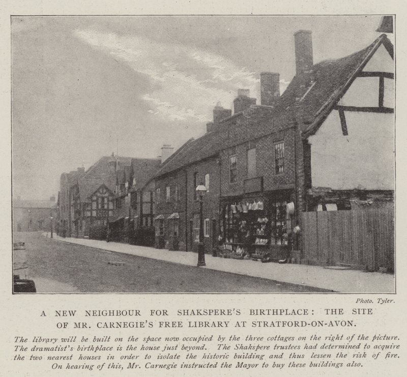 En ny nabo for Shaksperes fødested, stedet for Mr Carnegies Free Library i Stratford-on-Avon av English Photographer