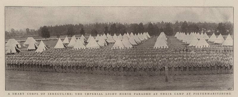 Imperial Light Horse, et smart korps av irregulære, paraderte på leiren deres i Pietermaritzburg av English Photographer