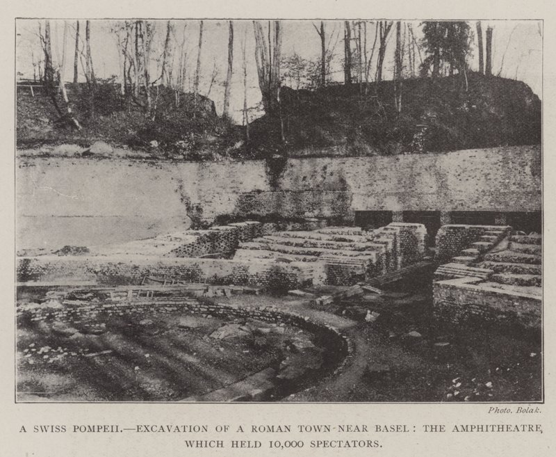 En sveitsisk Pompeii, utgraving av en romersk by nær Basel, amfiteateret, som holdt 10 000 tilskuere av English Photographer