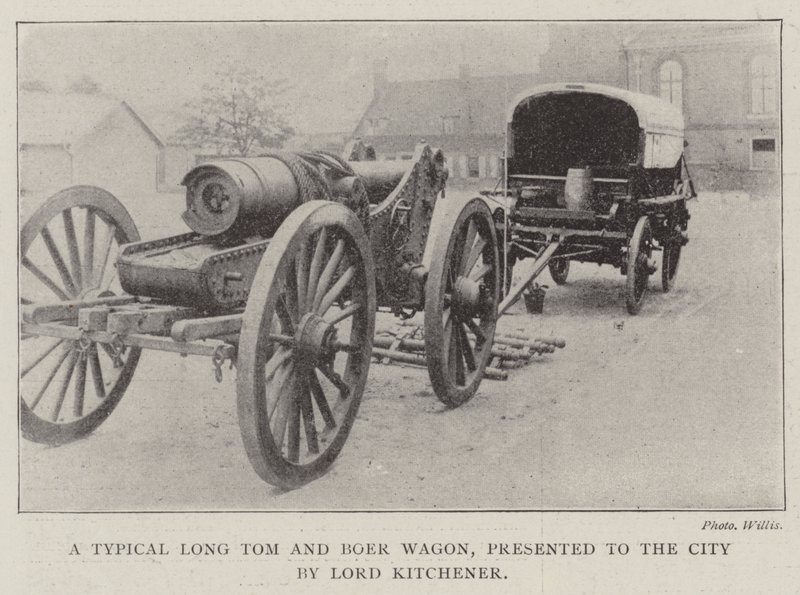 En typisk Long Tom and Boer Wagon, presentert for byen av Lord Kitchener av English Photographer