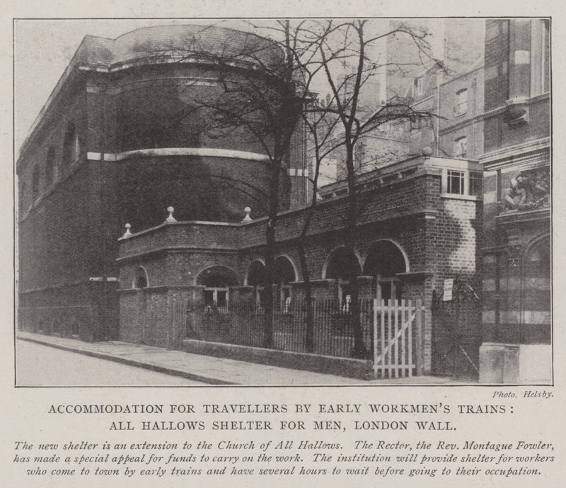 Overnatting for reisende med Early Workmens-tog, All Hallows Shelter for Men, London Wall av English Photographer