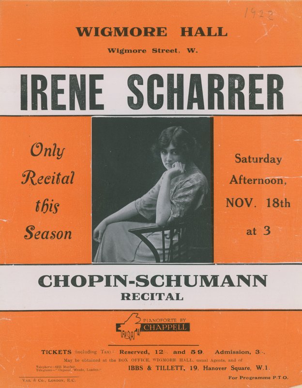 Annonse for en Chopin-Schumann-recital med Irene Scharrer av English Photographer