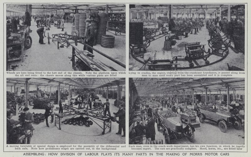 Montering, hvordan arbeidsdeling spiller sine mange roller i produksjonen av Morris Motor Cars (s/hv-bilde) av English Photographer