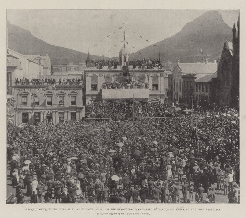 Forsamling utenfor rådhuset, Cape Town, hvor resolusjonen ble vedtatt til fordel for annektering av boerrepublikkene av English Photographer
