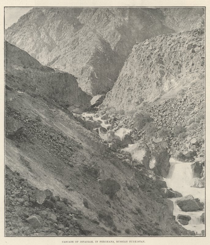 Cascade of Isfairam, i Ferghana, russiske Turkistan av English Photographer