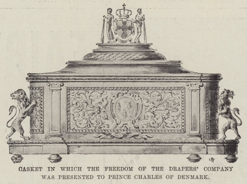 Kist hvor Freedom of the Drapers Company ble overrakt til prins Charles av Danmark av English Photographer