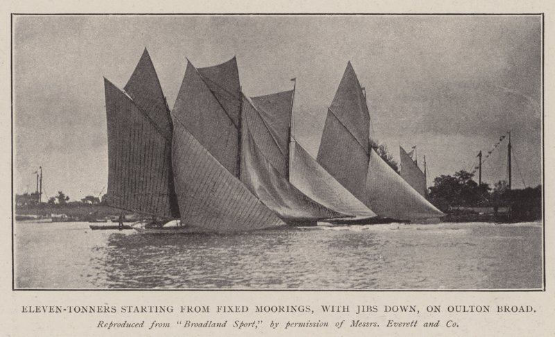 Elleve-tonnere med start fra Fixed Moorings, med Jibs nede, på Oulton Broad av English Photographer