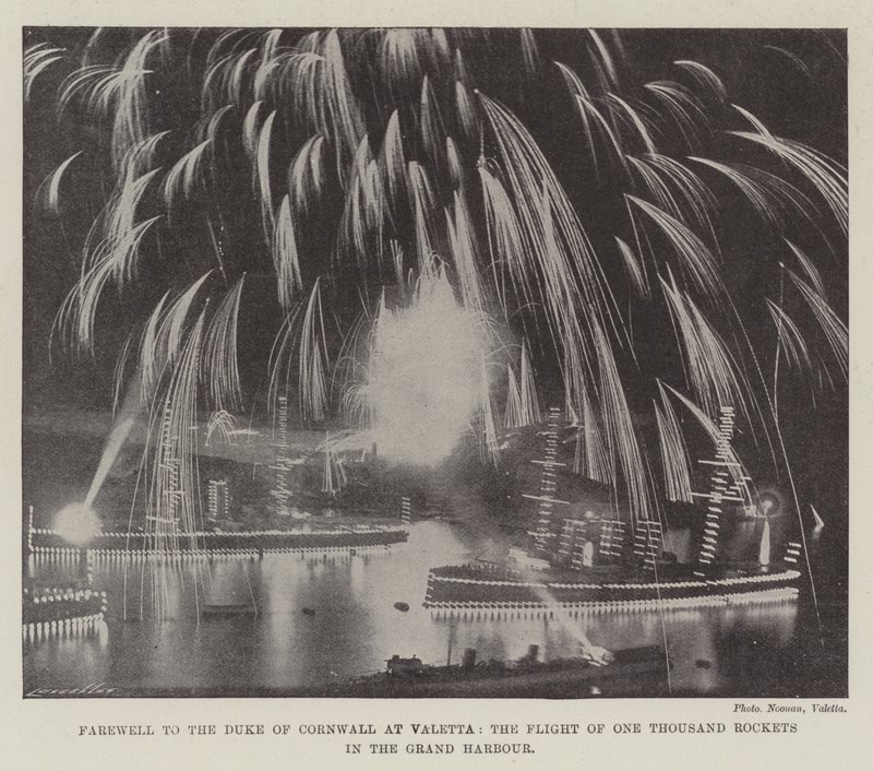 Farvel til hertugen av Cornwall ved Valetta, Flight of One Thousand Rockets i Grand Harbor av English Photographer