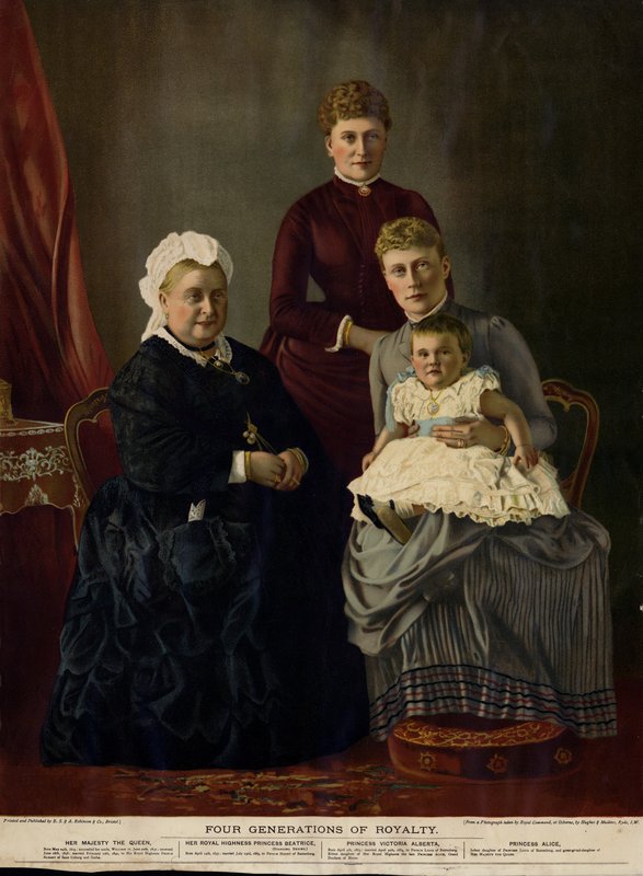 Fire generasjoner av royalty (dronning Victoria, prinsesse Beatrice, prinsesse Victoria Alberta og prinsesse Alice) av English Photographer