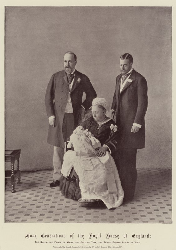 Fire generasjoner av kongehuset i England, dronningen, prinsen av Wales, hertugen av York og prins Edward Albert av York av English Photographer