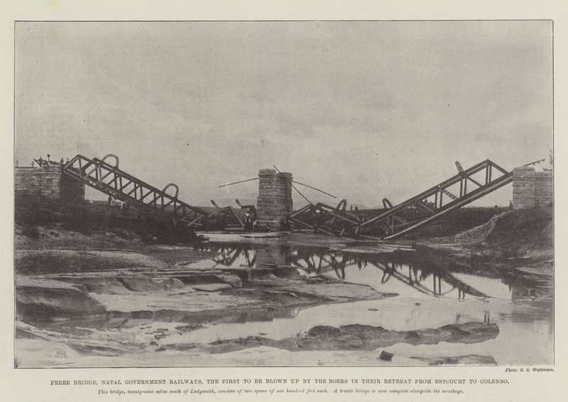 Frere Bridge, Natal Government Railways, den første som ble sprengt av boerne i deres retrett fra Estcourt til Colenso av English Photographer