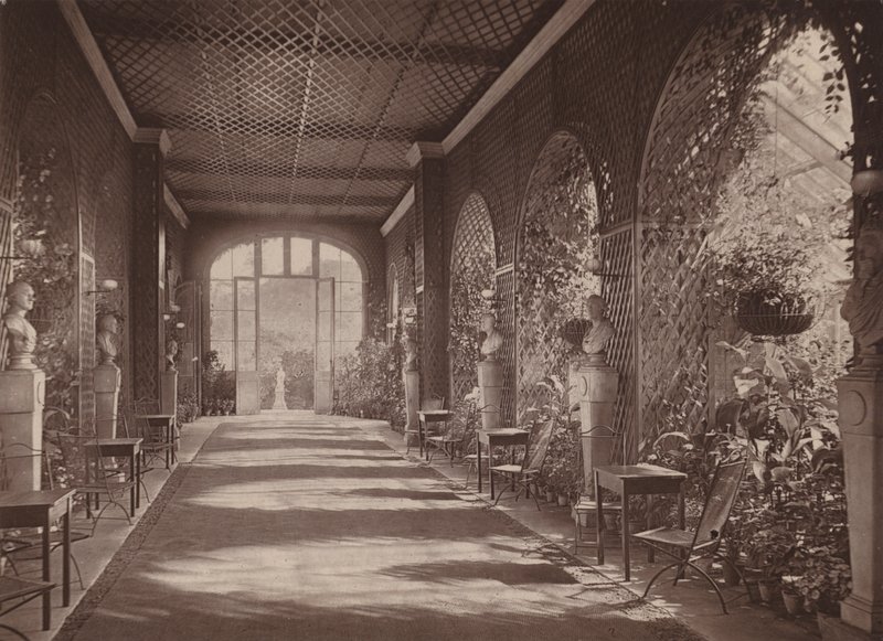 Holland House, London: Conservatory leading from Ball Room (b/w photo)   1322158   no       norwegian Successfully Translated  Original: A man with weapons and a pipe in his mouth flanked by two skeletons, illustration..., ca. 1880-1910. Translat: A man wi av English Photographer