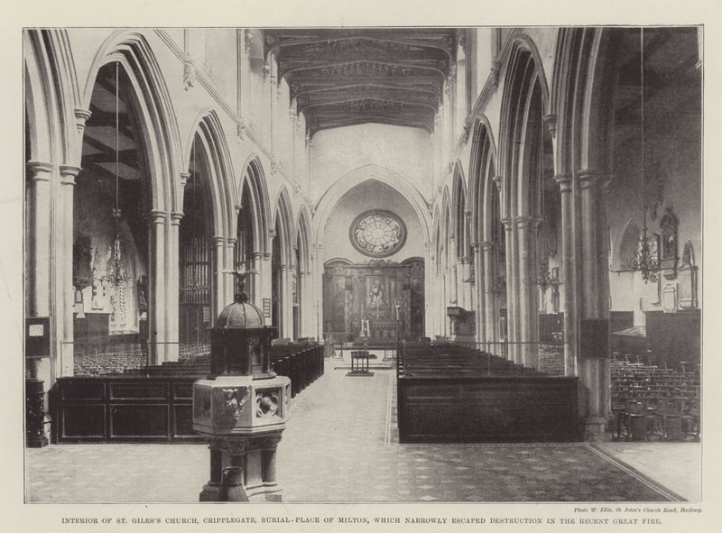 Interiøret i St Giles Church, Cripplegate, Burial-Place of Milton, som så vidt slapp unna ødeleggelsen i den nylige store brannen av English Photographer