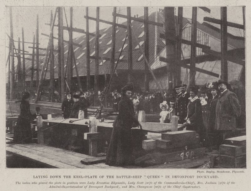 Legger ned kjølplaten til Battle-Ship Queen i Devonport Dockyard av English Photographer